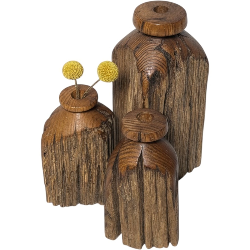 Vintage Handcrafted Rustic Live Edge Wood Bud Vases Set of 3 Primitive Sculpture